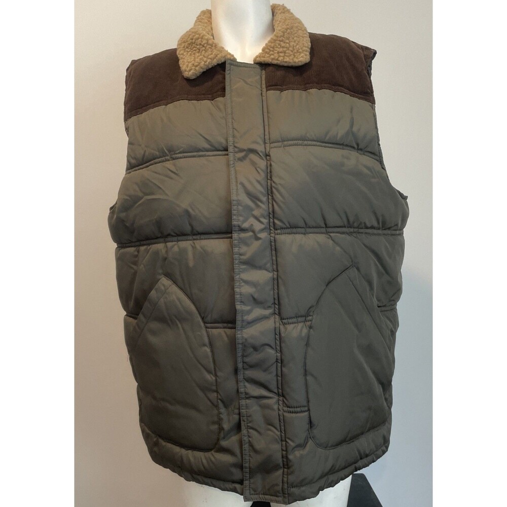 VTG Roebuck & Co Green Puffer Vest Brown Corduroy Sherpa Collar Men Large Rugged